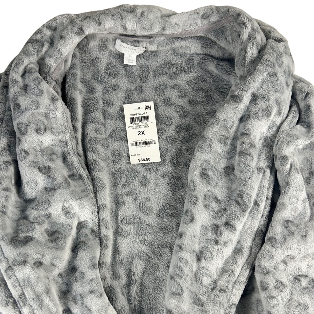 Charter Club Plush Robe Womens 2X Gray Leopard Print Fleece Belted NWT $84.50